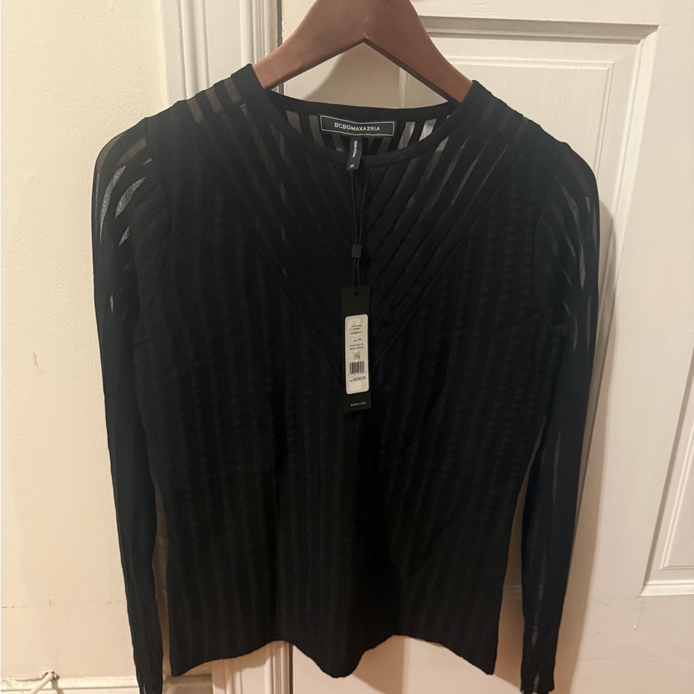 BCBGMaxAzria Black Sheer Long Sleeve Blouse